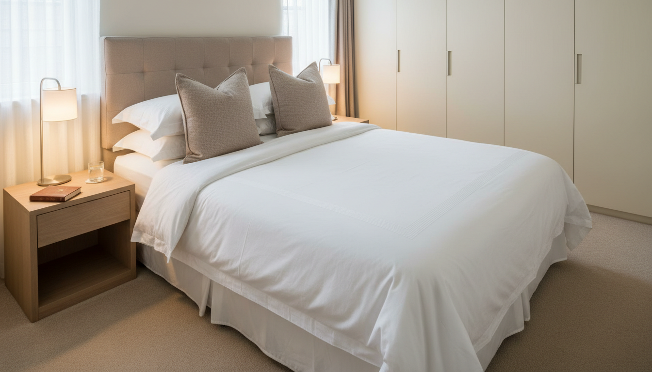 A private, well-appointed bedroom featuring a neatly made bed with crisp white linens, a light taupe upholstered headboard, and simple, textured throw pillows. Beside the bed, a modern, neutral-hued bedside table holds a streamlined lamp with a soft, frosted shade casting gentle, warm light across the room. The setting includes a large, unobtrusive wardrobe and a hint of a soft, beige carpet. The camera angle is slightly elevated, focusing toward the bed with symmetrical balance and a clear, uncluttered view of the space. The mood is restful and secure, the light accentuates the textures while maintaining a serene atmosphere, and the style is clean, corporate, and photographic—appropriate for a business offering supportive, dignified shared housing.