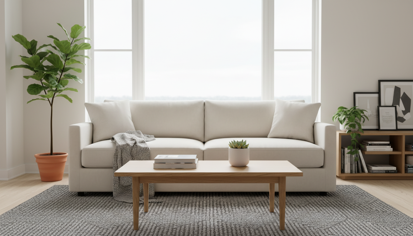 A beautifully arranged modern living space centered around a neutral-toned, plush sofa paired with a minimalist coffee table made of light oak. The furnishings are crisp and clean, with carefully selected accents—such as a soft gray throw, a structured woven area rug, and discreet potted plants providing gentle color contrast. The setting is an impeccably tidy shared living room, featuring large windows that allow diffused overcast daylight to illuminate the space, creating gentle highlights on furnishings while casting subtle, balanced shadows. Photographed at eye-level with a centered composition, this image conveys a professional, welcoming atmosphere with simple lines and balanced elements, supporting the theme of comfortable, inclusive, and supportive shared housing. The style is photographic realism with corporate clarity and a clean, modern feel.